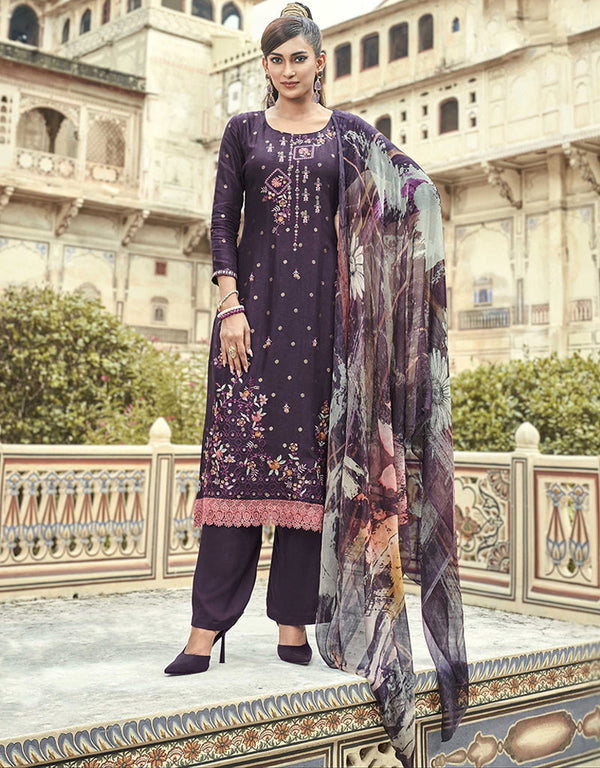 Exquisite Classic Embroidery Salwar Suit Purple Taupe Pure Bemberg Silk Pant Straight Front View